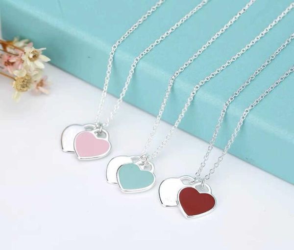 

s925 sterling silver blue pink enamel double heart necklace for women classic fashion love jewelry valentine039s day gift5812370