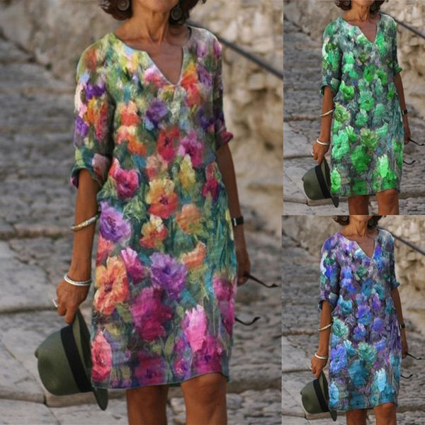 

summer new women's fashion flower print v-neck mid length dress, Black;gray