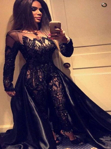 

black evening dresses 2016 sheer jumpsuit crew neckline beaded with long sleeves and satin train8128509, Black;red