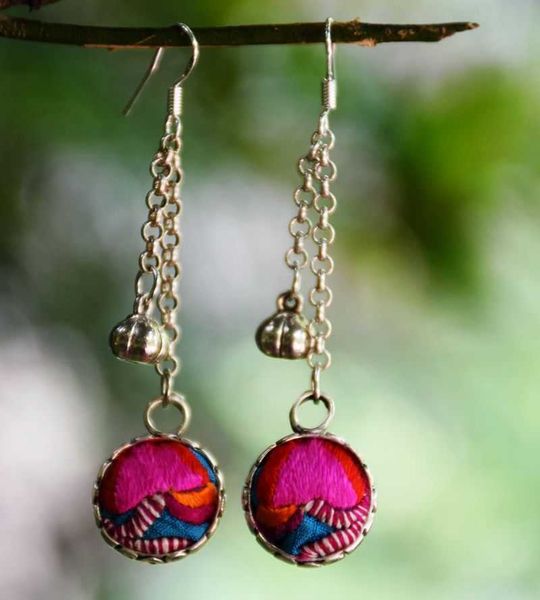 

yunnan ethnic style pure handmade embroidery miao silver earrings jewelry art old embroidery pieces tassel earrings, Golden