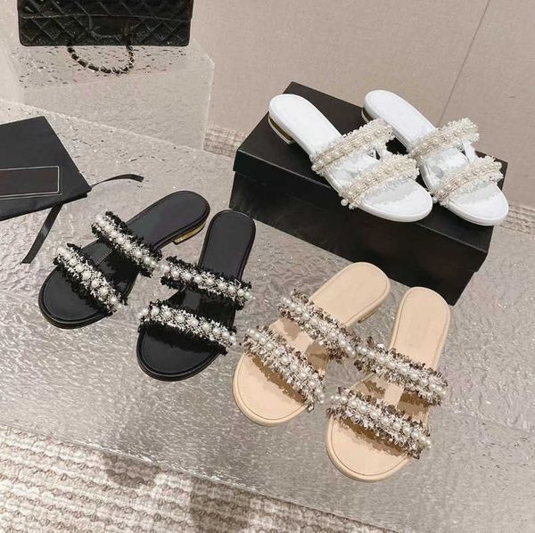 

2023 interlocking c crystal buckle slippers women ladies tweed tassels slides pearl embellished strap flat mules logo sandal designer weddin, Black