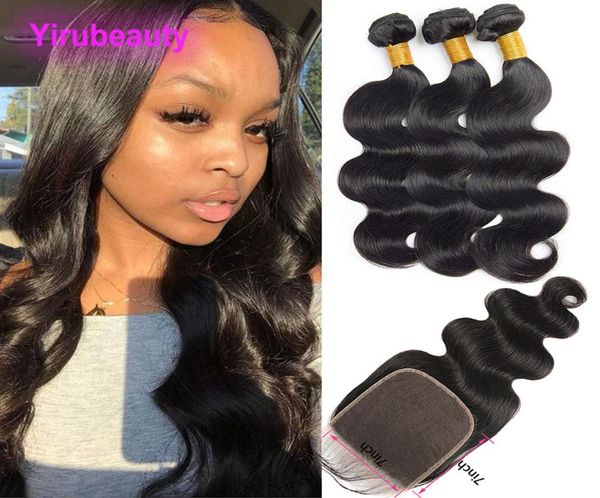 

malaysian virgin human hair 7x7 lace closure with 3 bundles 4 pieceslot body wave hair wefts with 7 by 7 lace closure with baby h3622550, Black;brown