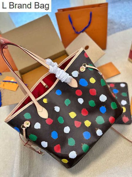 

l brand bag 23ss x yayoi kusama mm totes bag painted dots with zipped pouch 2 sets women designer outside pocket bags large capacity luxurys, Black