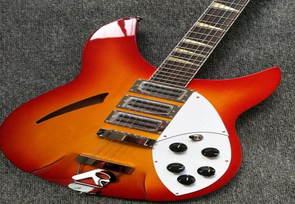 

custom cherry sunburst 360 330 325 semi hollow body 6 strings electric guitar 3 pickups cream yellow body binding shark fin inlay1623427
