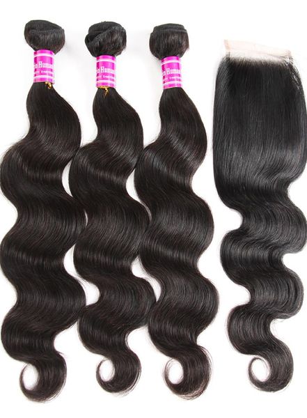 

10a malaysian virgin body wave hair weaves 3 bundles with closure human hair wefts with lace closure accessories extensions 6970819, Black;brown