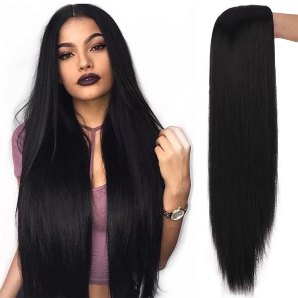 

shangke synthetic cosplay wig long straight middle part hair blonde pink black heat resistant fiber long hair wigs for women, Black;brown