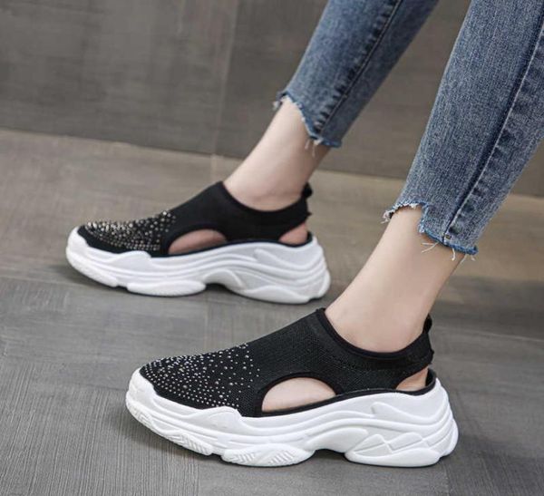 

sandals breathable mesh wedges women casual hollow out crystal platform sneakers woman slip on chunky ladies8750575, Black