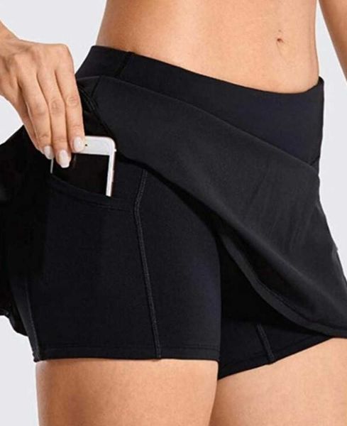 

l-07 tennis skirts pleated yoga skirt gym clothes women running fitness golf pants shorts sports back waist pocket zipper leisure 6ess, Black