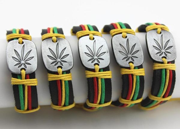 

jewelry whole lot 12pcs fashion hand woven alloy design lucky leaf leather bracelets surfing wrap hemp bangles gifts mb1028484724, Black