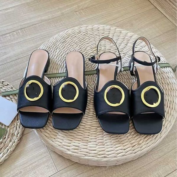 

gui blondie slides slippers strap sandals mule flat heels square open toe summer shoes women luxury designers leather cci double g logo casu, Black