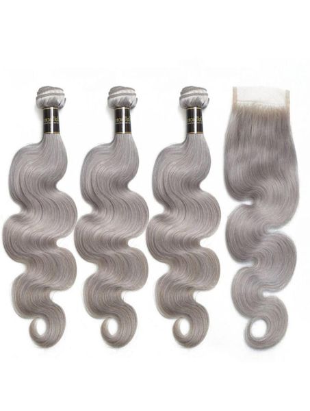 

silver grey brazilian virgin hair bundles with lace closure 8a gray human hair extensions body wave wavy with lace closure9677698, Black;brown