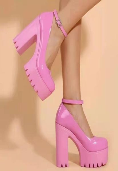 

dress shoes chunky heeled ankle strap pumps sweet platform pink square heel woman high heels spring 2210276479191, Black