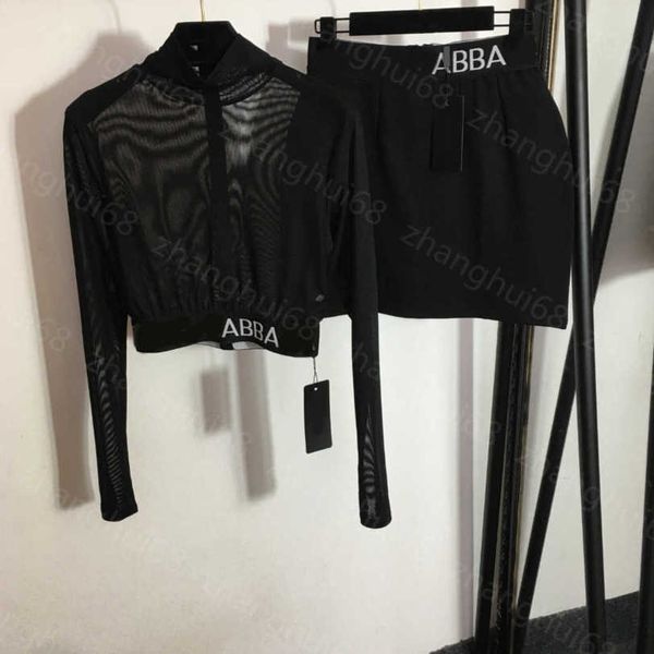 

23ss womens designer clothing skirt set letter webbing fold waist mesh yarn perspective high neck long sleeve slimming short half skirt sets, White