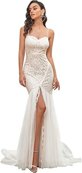 

women spaghetti straps long lace applique bodycon side slit mermaid wedding dress, White