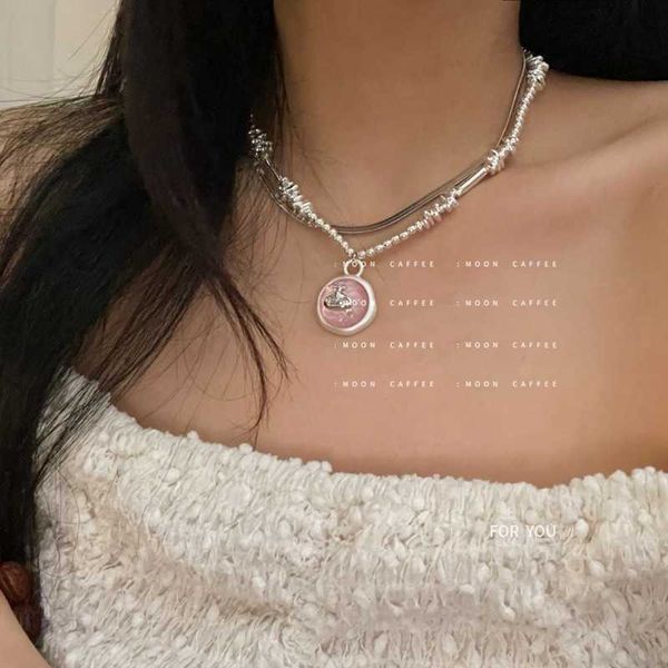 

saturn pink irregular broken silver steel titanium layered necklace sweet cool wind western empress dowager double layer light luxury high g