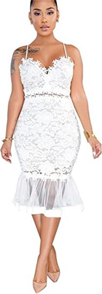 

women floral lace mesh sheer hollow out deep v neck spaghetti strap bodycon pencil mermaid midi dress, White