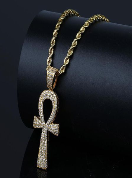 

hip hop silvergold color jesus egyptian ankh key cross pendant necklaces cubic zirconia long chains for male and women1780109, Silver