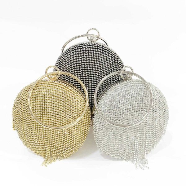 

dinner bag round rhinestone tassel portable banquet bags diamond studded by hand gold crossbody handbag