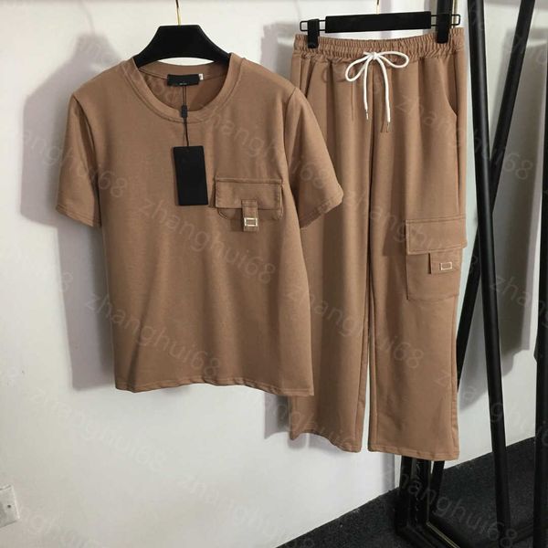 

23ss casual suit womens designer clothing women pants sets single pocket short sleeve t-shirt drawstring elastic waist casual wide leg trous, White