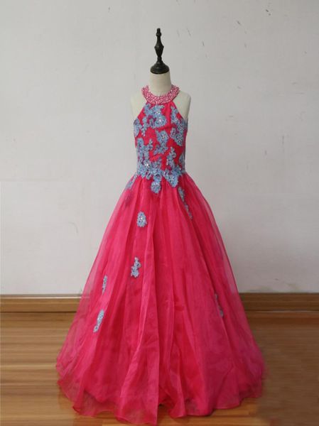 

100 real image fuchsia pink organza girls pageant dresses crew neck appliques keyhole back children christmas birthday party dre3363624, White;red