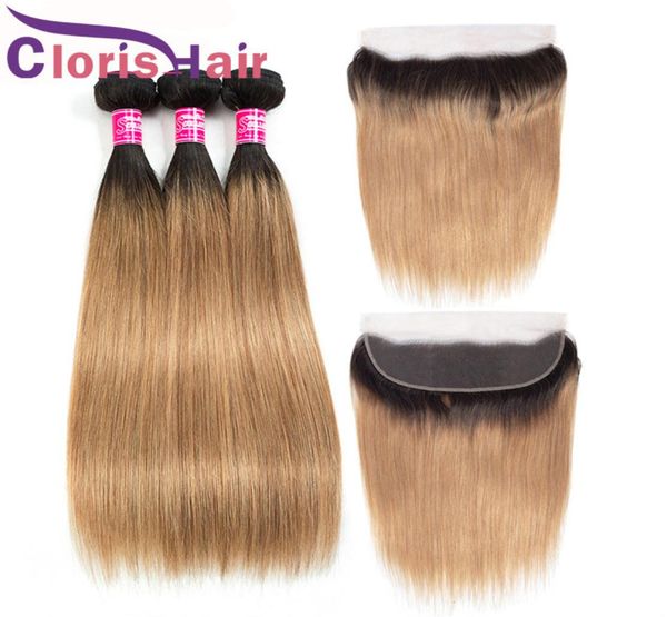 

honey blonde ombre 13x4 lace frontal closure with bundles colored 1b 27 raw virgin indian straight human hair weaves and ful6335995, Black;brown