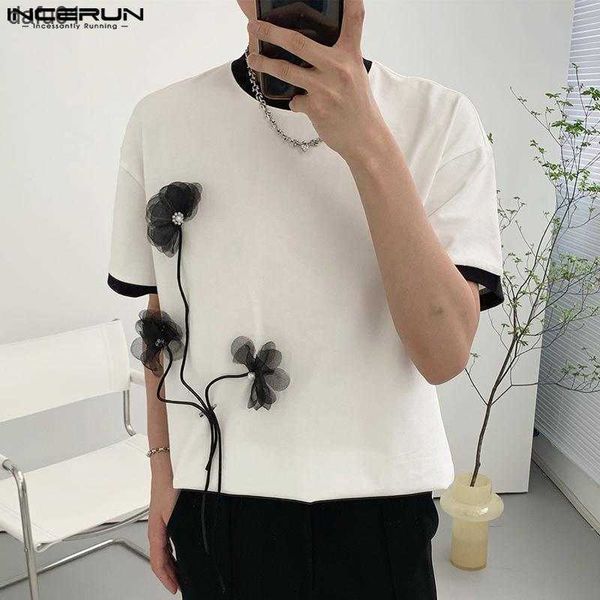 

men's t-shirts 2023 men t shirt flower patchwork streetwear o-neck short sleeve men clothing loose fashion casual korean tee s-5xl inc, White;black