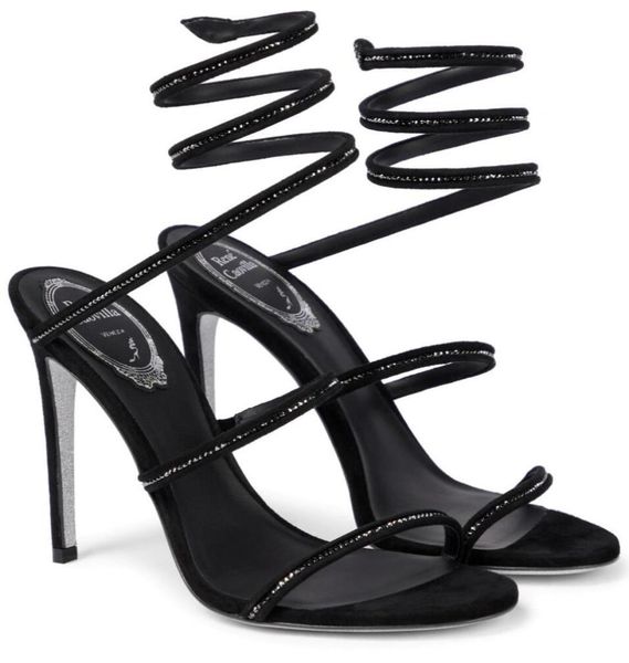 

rene cleo crystalembellished leather sandals shoes women caovillas high heels lady gladiator sandalias party wedding comfort6614196, Black