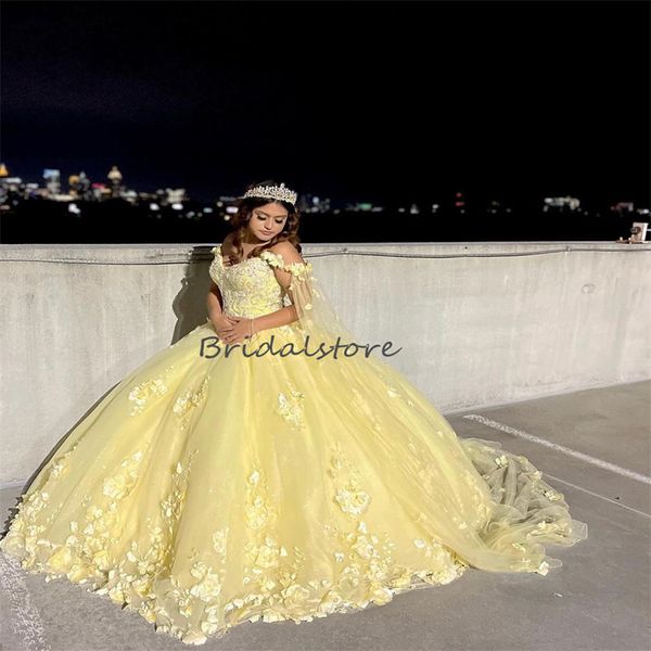 

princess yellow quinceanera dress 2023 mexican vestidos para xv 15 birthday party gown sweet 16 3d flowers luxury cape prom dress corset deb, Blue;red