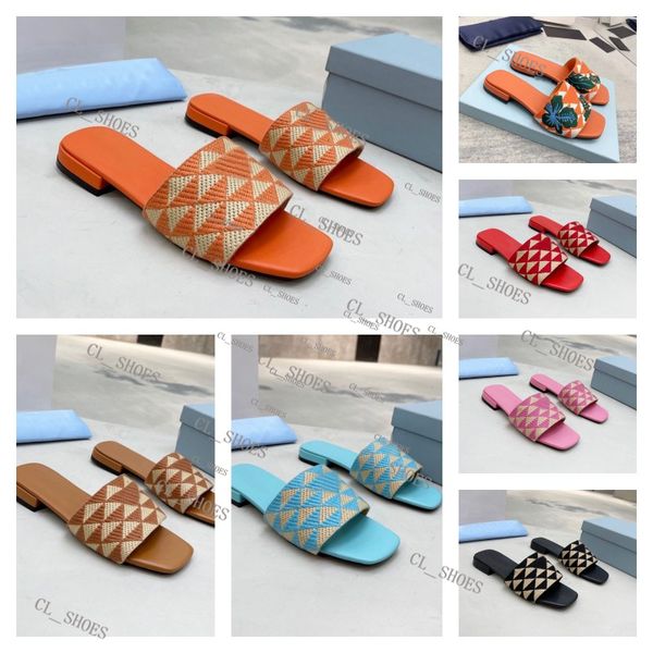 

designer slides women embroidered fabricc slide sandals p sandal triangle chunky heel fashion summer beach low heel diamond jacquard shoes, Black