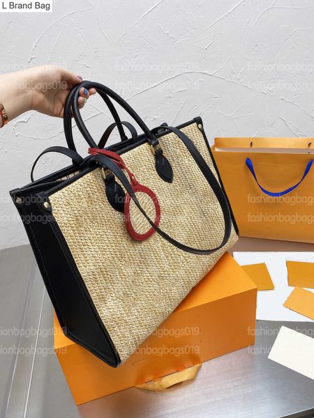 

l brand bag onthego gm tote handle bag sunmmer sunshine straw bag woven with leather handbag flower tag designer women shoulder bags, Black