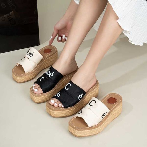 

women's wedge heeled espadrille slippers tan black letter canvas sandals platforms lady woody slides slip mules high heels pump party w