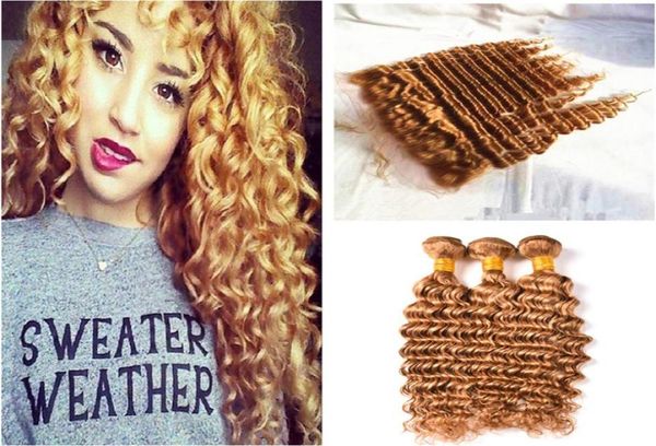 

27 honey blonde brazilian deep wave curly virgin human hair weave 3 bundles with light brown 13x4 ear to ear full lace frontal7592995, Black