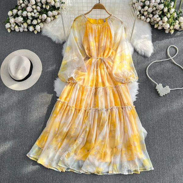 

summer gentle style long sleeved round neck waist wrapped up slim a-line printed chiffon dress beach vacation big swing long dress, Black;gray