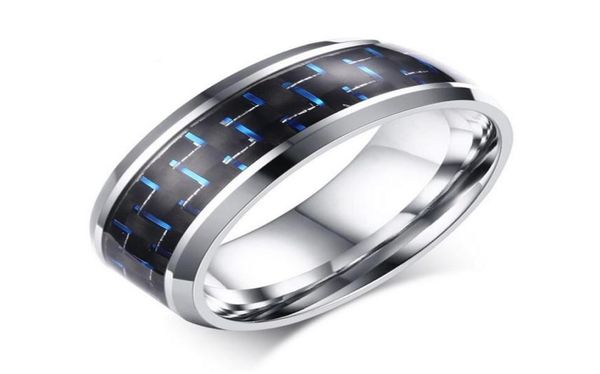 

8mm mens stainless steel ring wedding band black and red carbon fiber inlay blue red1487641, Silver