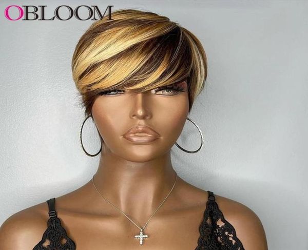 

highlight blonde short bob pixie cut wig human hair wigs with bangs brazilian wigs for black women full machine made43341997917626, Black;brown