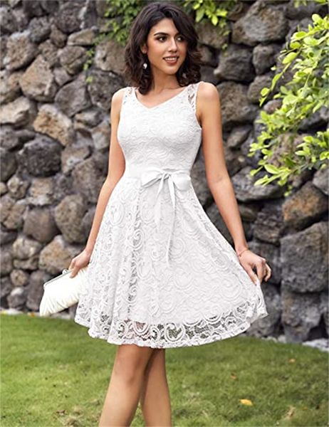 

women floral lace bridesmaid party dress short dress v neck, White
