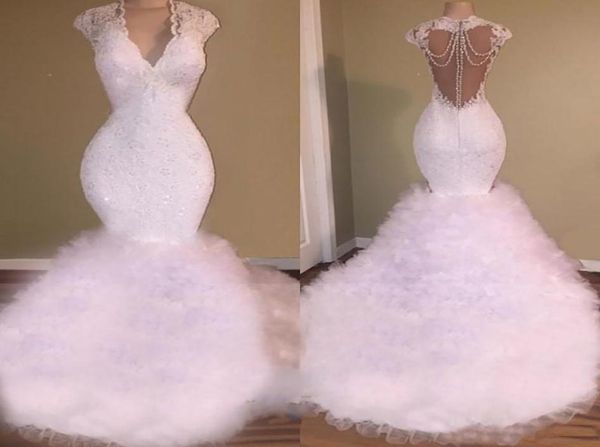 

new white mermaid prom dresses v neck lace appliques beaded crystal backless sweep train tulle puffy tiered prom evening gowns ves1409144, Black