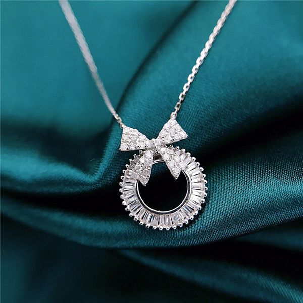 

silver color bowknot aaaaa zircon pendant engagement wedding pendant chain necalace for women bridal choker jewelry gift