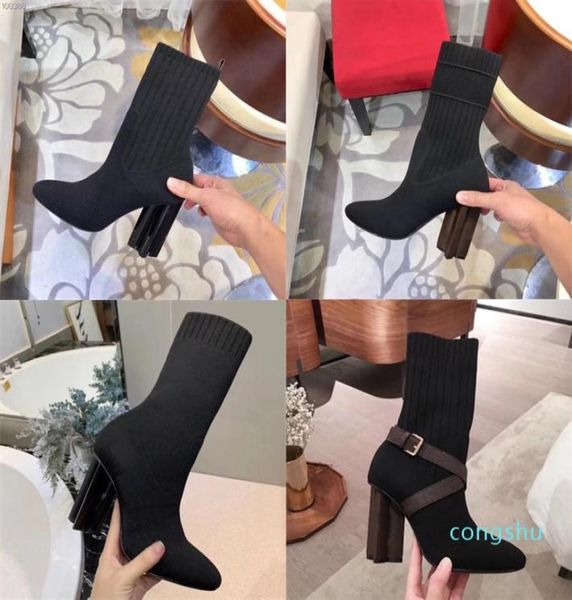 

women silhouette ankle boot martin boots winter warn botas stretch fabric bootie print flower heel ladies casual shoes with box8407407, Black
