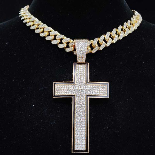 

men women hip hop cross pendant necklace with 13mm crystal cuban chain hiphop iced out bling necklaces fashion charm jewelry, Silver