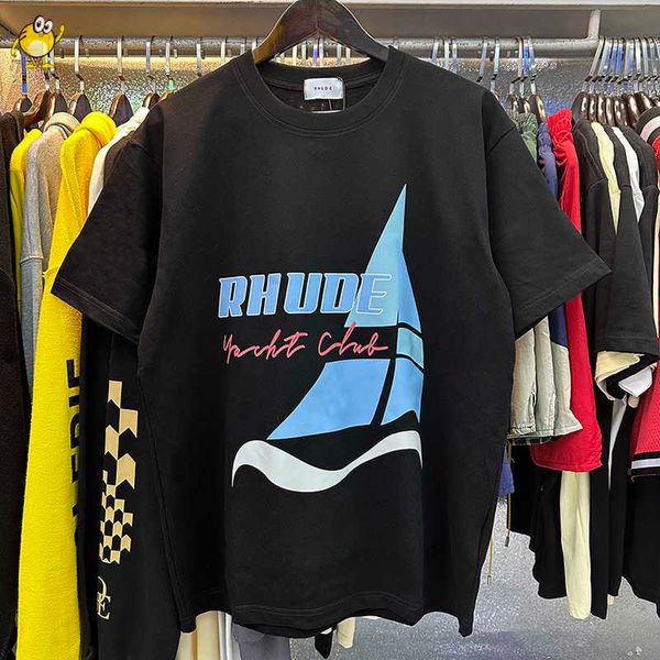 

men's hoodies sweatshirts apricot white black tee 23ss spring new rhude t shirt sea sail printing 1 1 fashion classic all-match men wom