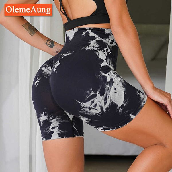 

seamless tie dye sports tight triple pants women's high waist hip abdominal contraction honey peach drift yoga fitness shorts, Gray