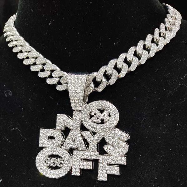 

men women hip hop no days off pendant necklace with 13mm cuban chain hiphop iced out bling necklaces fashion charm jewelry, Silver