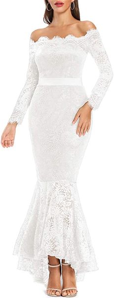 

women' floral lace long sleeve off shoulder wedding mermaid dress, White