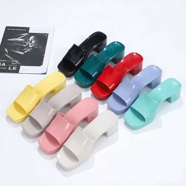 

desinger high heels dress slippers candy color jelly sandals pvc platform women shoes summer square open toe mid patent chunky mules beach t, Black