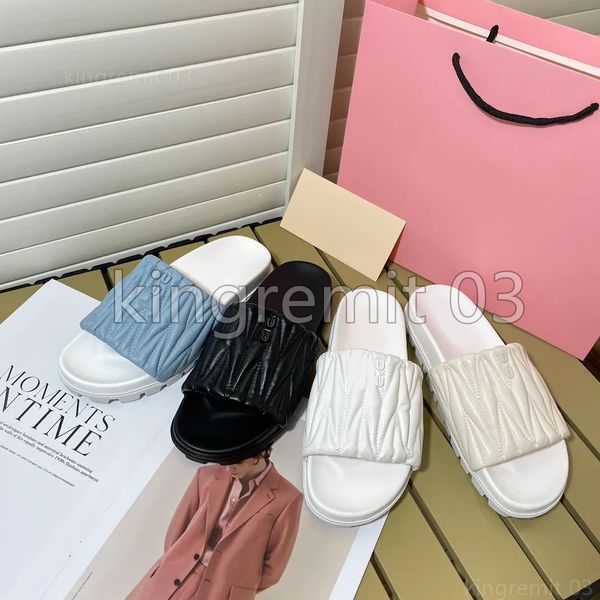 

2023 matelasse slides designer nappa slippers womens sandals mules slides ruffled square leather sandal multicolor open toe ladies flat, Black