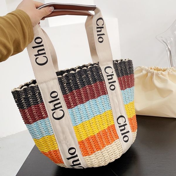 

2023 new designer tote bag fashion stripe contrast grass woven bag large woven handheld shopping bag beach bag