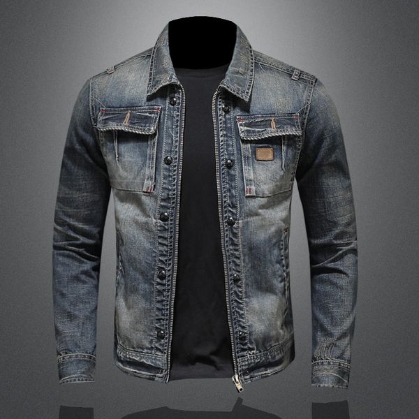 

Vintage denim lapel zipper pocket cotton plus size men motorcycle jacket, Blue