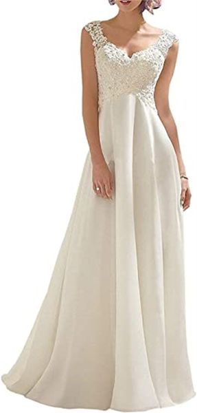 

women' wedding dress lace double v-neck sleeveless dress, White