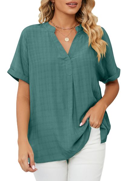 

women short sleeve solid v neck chiffon, White